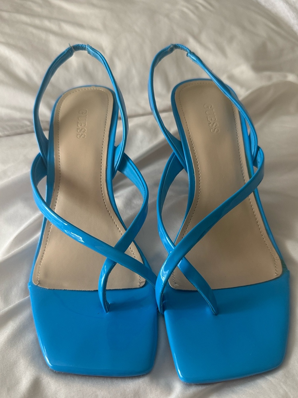 Guess Bright Turquoise Patent Strappy Slingback Heels